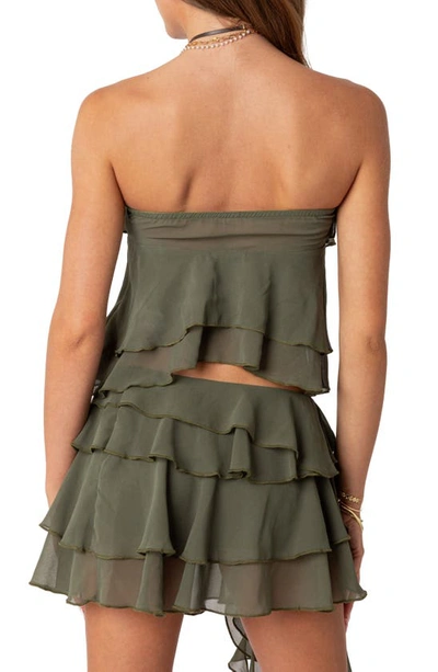 Shop Edikted Nico Ruffle Strapless Crop Top In Olive