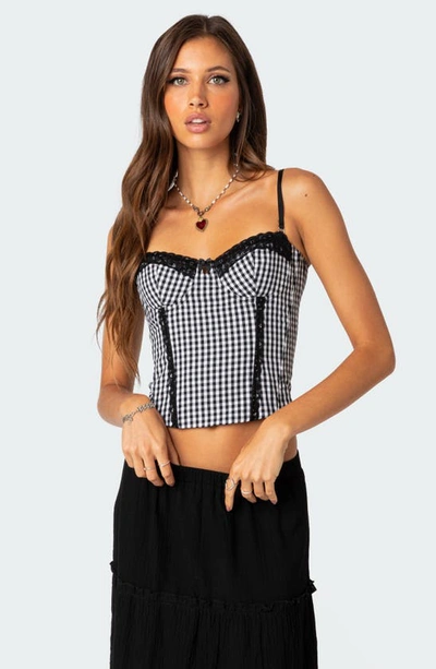 Edikted Gingham Lace-up Back Corset Top In Black-and-white