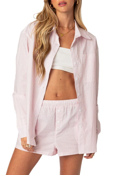 Shop Edikted Pinstripe Oversize Button-up Blouse In Pink