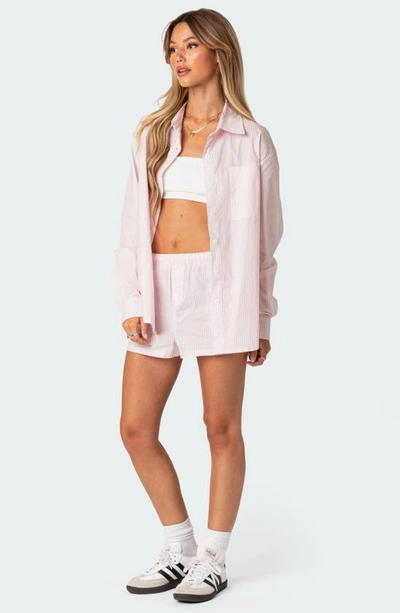 Edikted Women's Oversized Pinstripe Button Up Shirt In Pink