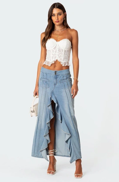 Edikted Women's Valencia Ruffle Slitted Denim Maxi Skirt In Blue
