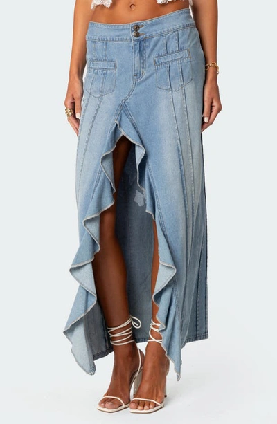 Edikted Women's Valencia Ruffle Slitted Denim Maxi Skirt In Blue