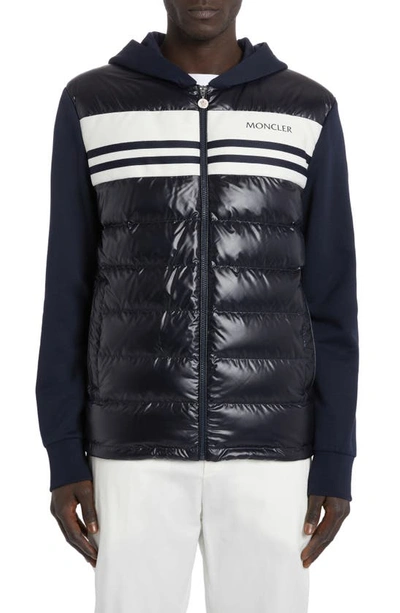 Shop Moncler Quilted 750 Fill Power Down & Cotton Knit Hooded Cardigan In Dark Navy Blue