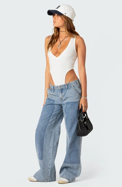 Edikted High Cut Ribbed V Neck Bodysuit In White