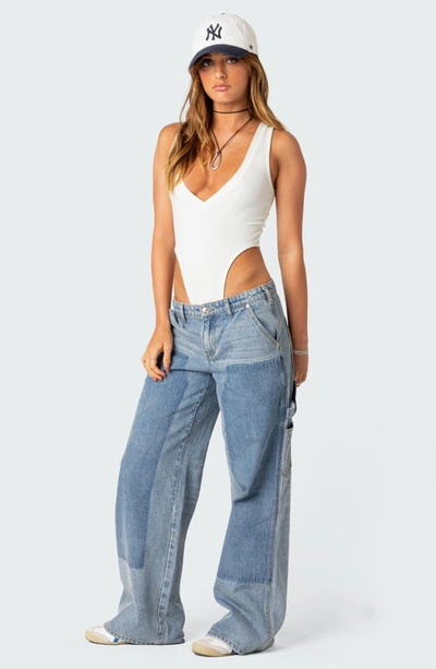 Edikted High Cut Ribbed V Neck Bodysuit In White