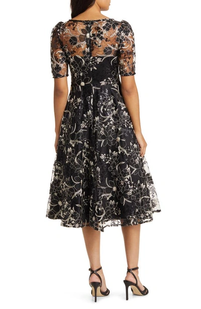 Eliza J Sequin Floral Embroidery Fit & Flare Cocktail Midi Dress In Black
