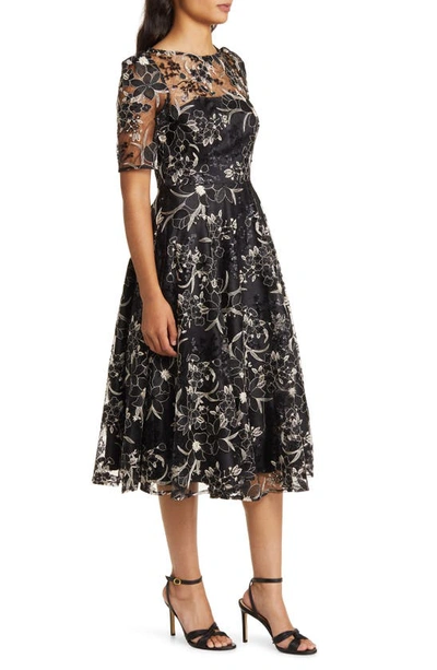 Eliza J Sequin Floral Embroidery Fit & Flare Cocktail Midi Dress In Black