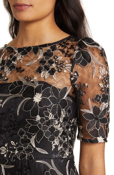 Shop Eliza J Sequin Floral Embroidery Fit & Flare Cocktail Midi Dress In Black