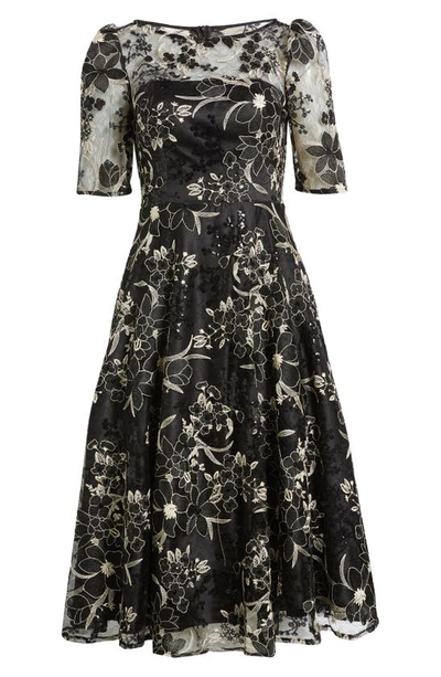Eliza J Sequin Floral Embroidery Fit & Flare Cocktail Midi Dress In Black