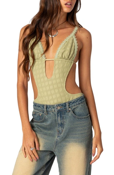 Shop Edikted Textured Lace Cutout Bodysuit In Green