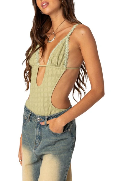 Shop Edikted Textured Lace Cutout Bodysuit In Green