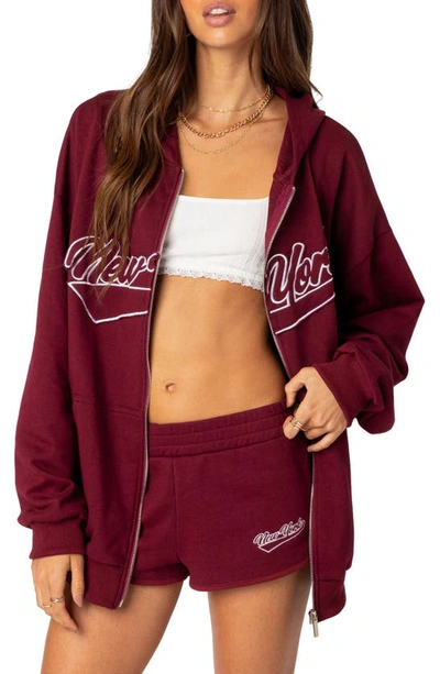 Shop Edikted New York Oversize Front Zip Cotton Blend Hoodie In Burgundy