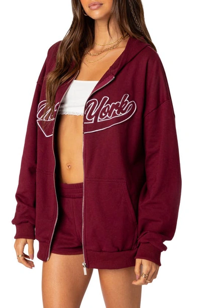 Shop Edikted New York Oversize Front Zip Cotton Blend Hoodie In Burgundy