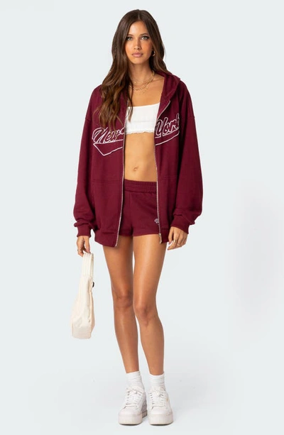 Shop Edikted New York Oversize Front Zip Cotton Blend Hoodie In Burgundy