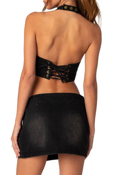Edikted Katrina Lace-up Denim Corset Halter Top In Black-washed