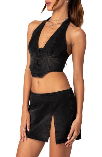 Edikted Katrina Lace-up Denim Corset Halter Top In Black-washed