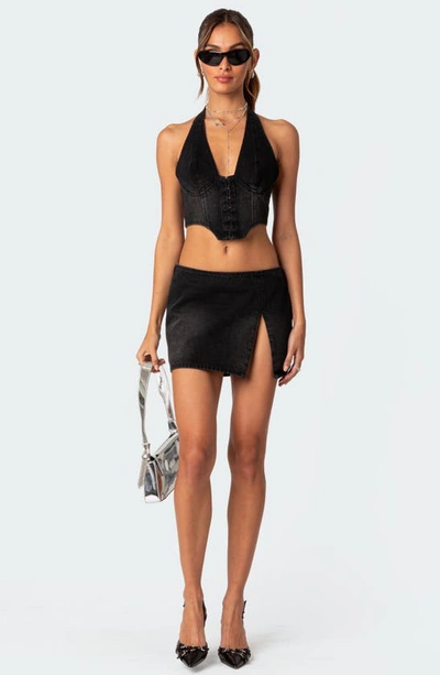 Edikted Katrina Lace-up Denim Corset Halter Top In Black-washed