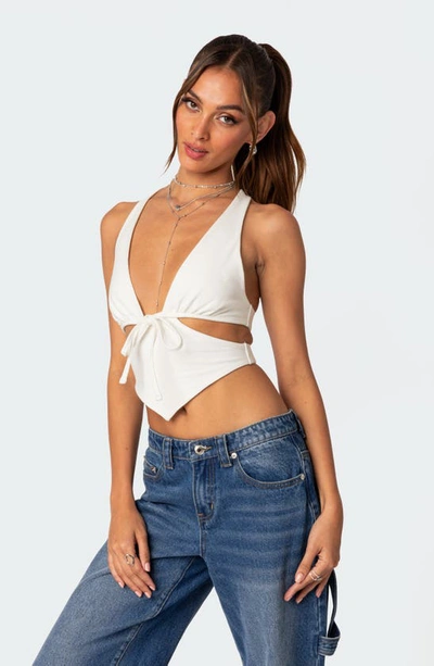 Edikted Cady Tie Front Halter Neck Stretch Cotton Top In White
