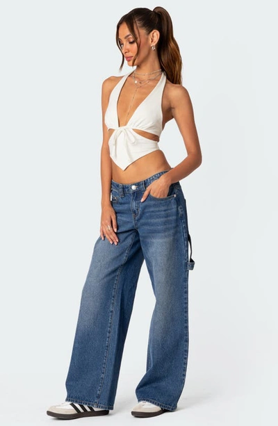 Edikted Cady Tie Front Halter Neck Stretch Cotton Top In White