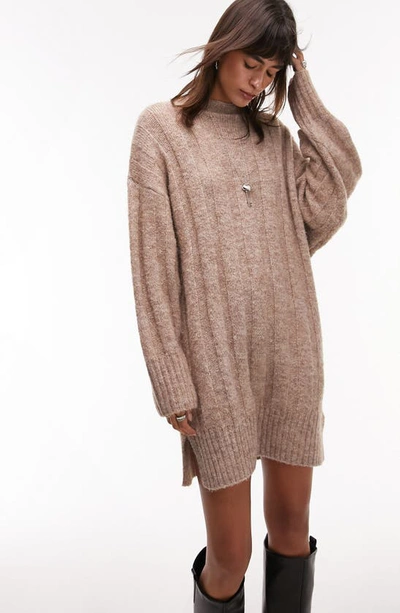 Shop Topshop Rib Stitch Long Sleeve Sweater Dress In Brown