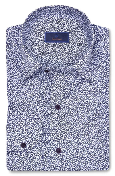 Shop David Donahue Football Print Cotton Twill Hidden Button-down Shirt In Blue/ White