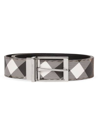 Shop Burberry Men's Louis35 Reversible Check Belt In Dark Birch Brown Silver