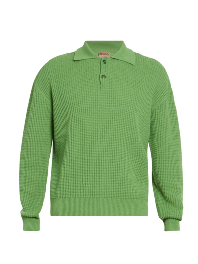 Shop Zegna X The Elder Statesman Men's  Oasi Cashmere Waffle-knit Polo Sweater In Bright Green