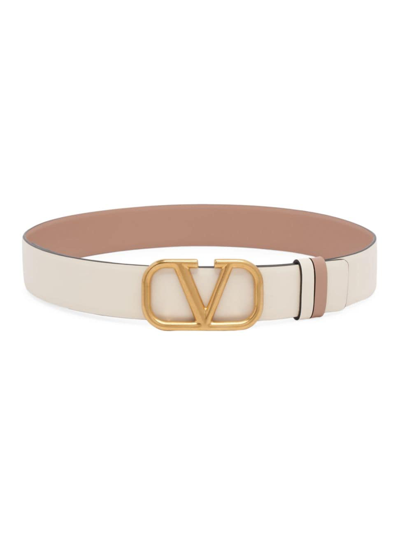 Shop Valentino Women's Reversible Vlogo Signature Belt In Glossy Calfskin 30mm In Light Ivory Rose Cannelle