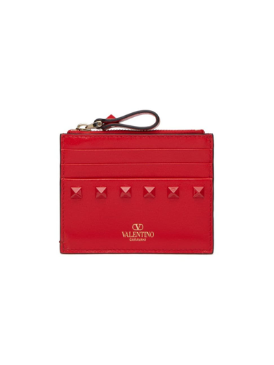 Shop Valentino Women's Rockstud Calfskin Cardholder With Zipper In Rouge