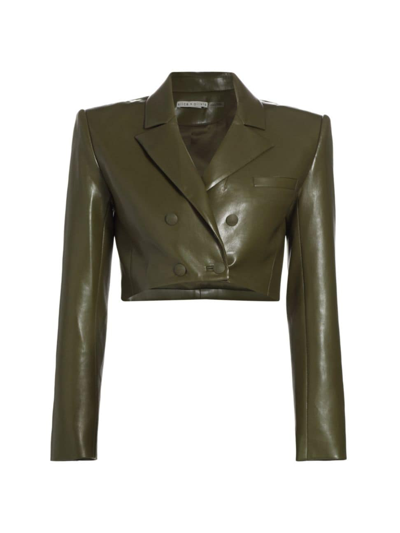 Shop Alice And Olivia Women's Anthony Cropped Faux Leather Blazer In Olive