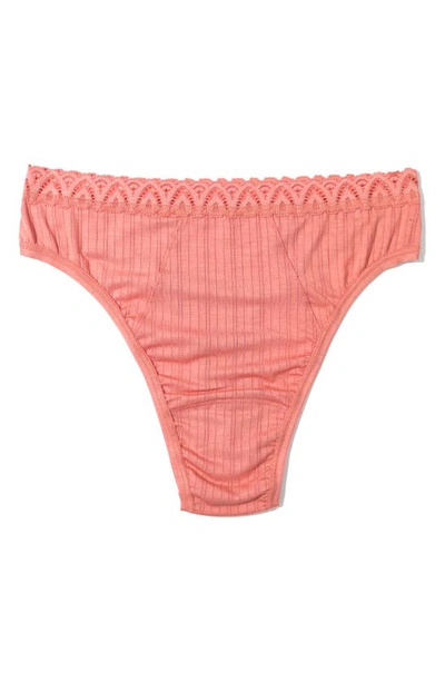 Hanky Panky Ribbed High-cut Lace-trim Thong In Antique Rose