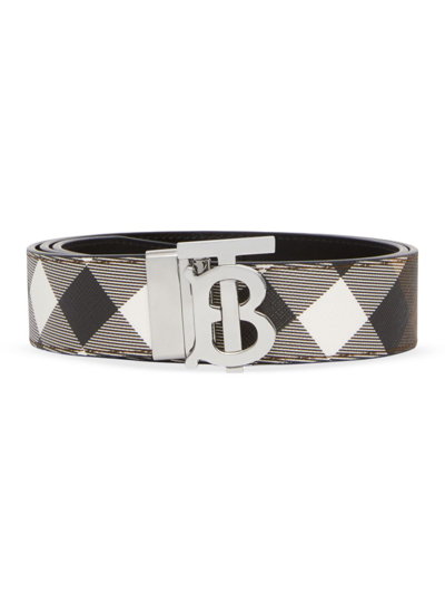 Shop Burberry Men's Reversible Check Logo Belt In Dark Birch Brown Silver