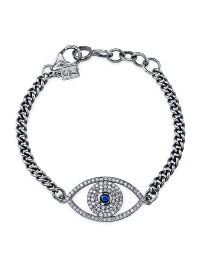 Shop Sheryl Lowe Women's Sterling Silver, Blue Sapphire & 0.96 Tcw Diamond Evil Eye Chain Bracelet