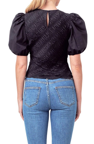 Shop English Factory Asymmetric Shirred Puff Sleeve Top In Black