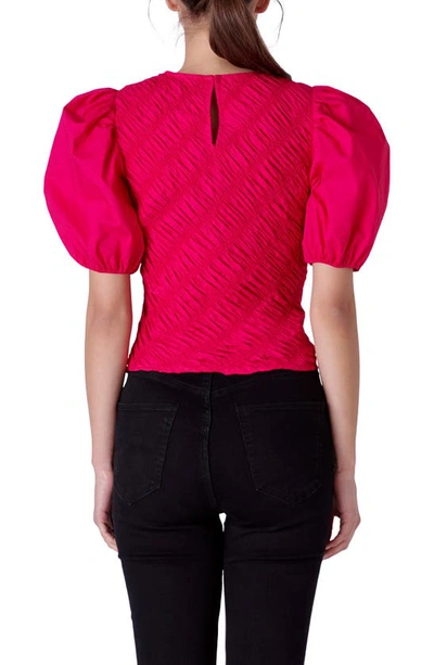 Shop English Factory Asymmetric Shirred Puff Sleeve Top In Magenta