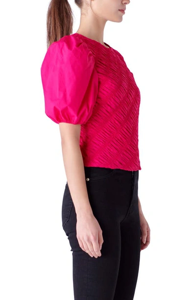 Shop English Factory Asymmetric Shirred Puff Sleeve Top In Magenta