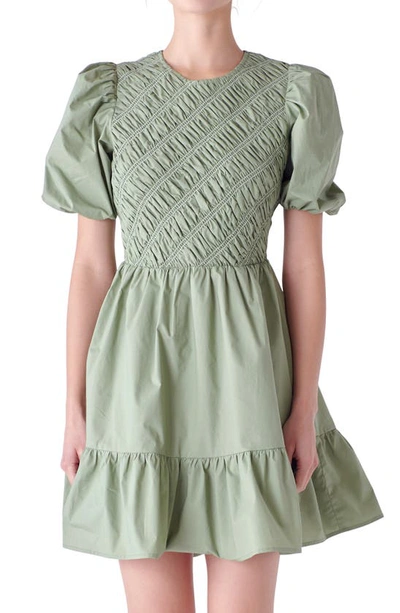 Shop English Factory Shirred Puff Sleeve Cotton Minidress In Sage