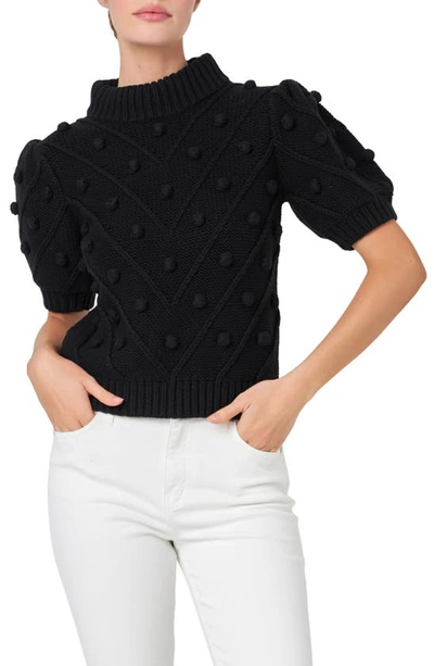 Shop English Factory Pompom Puff Sleeve Sweater In Black