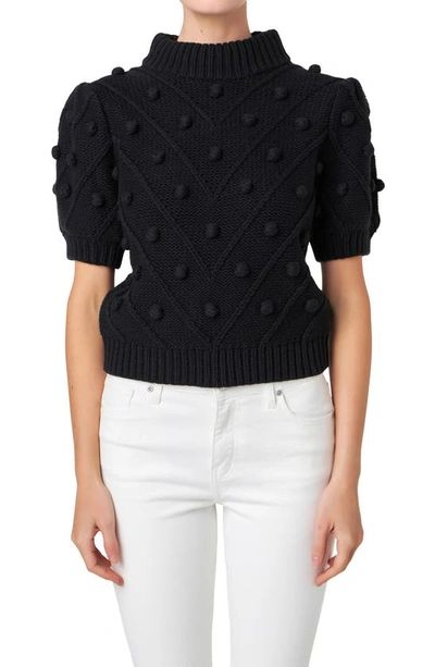 English Factory Womens Ribbed Trim Puff Sleeve Mock Turtleneck Sweater In Black