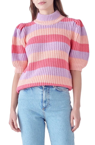 Shop English Factory Stripe Puff Shoulder Mock Neck Sweater In Pink Multi