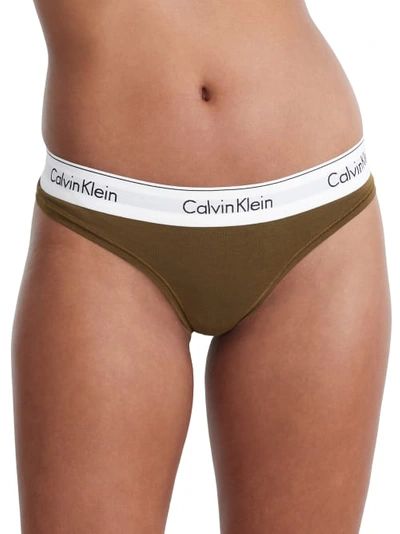 Shop Calvin Klein Modern Cotton Thong In Dark Olive