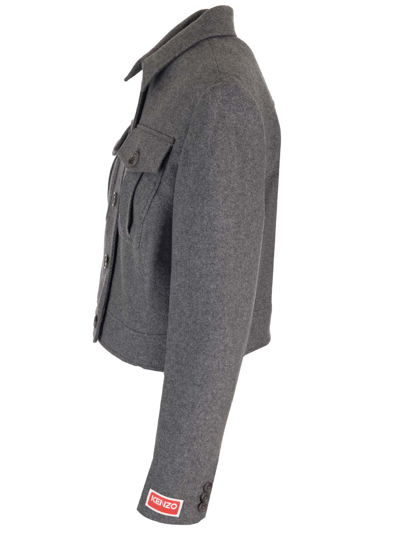 Shop Kenzo Wool Crop Jacket In Grey