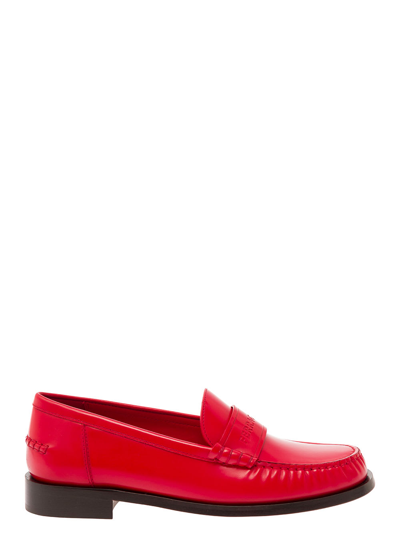Shop Ferragamo Red Loafers With Embossed Logo In Smooth Leather Woman