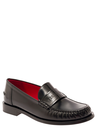 Shop Ferragamo Black Loafers With Embossed Logo In Smooth Leather Woman