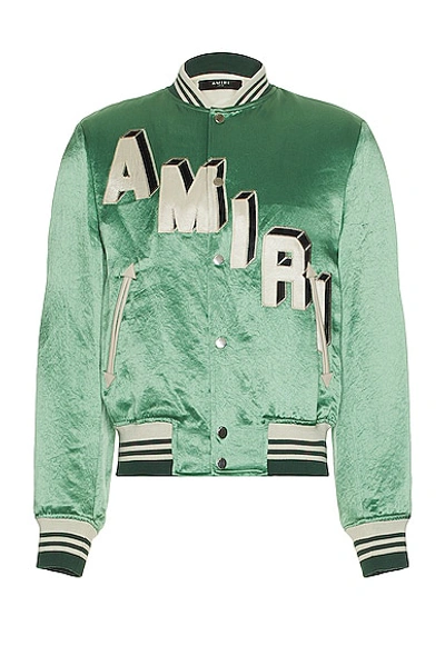 Shop Amiri Satin Cropped Varsity Jacket In Mint