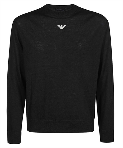 Shop Emporio Armani Plain-knit Virgin-wool With Jacquard Eagle Logo Knit In Black