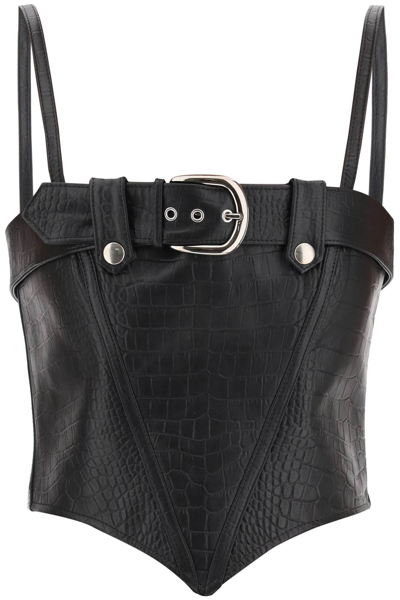 Shop Alessandra Rich Croco Print Leather Bustier Top In Black