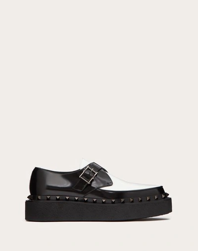 Shop Valentino Garavani Rockstud M-way Single Monk Strap Shoe In Calfskin And Matching Studs 50mm In Black/white