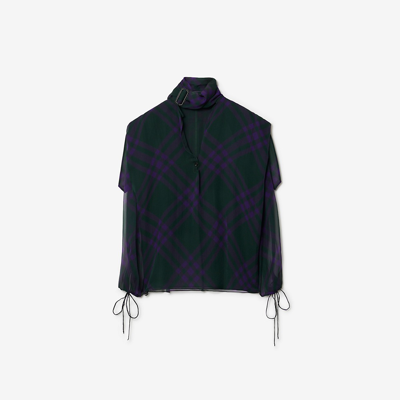 Shop Burberry Check Silk Blouse In Royal