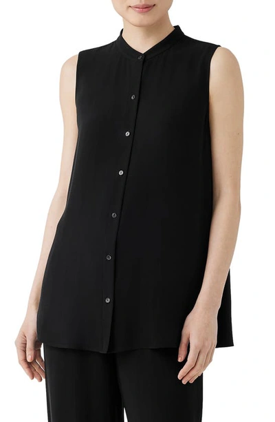 Shop Eileen Fisher Mandarin Collar Sleeveless Silk Blouse In Black